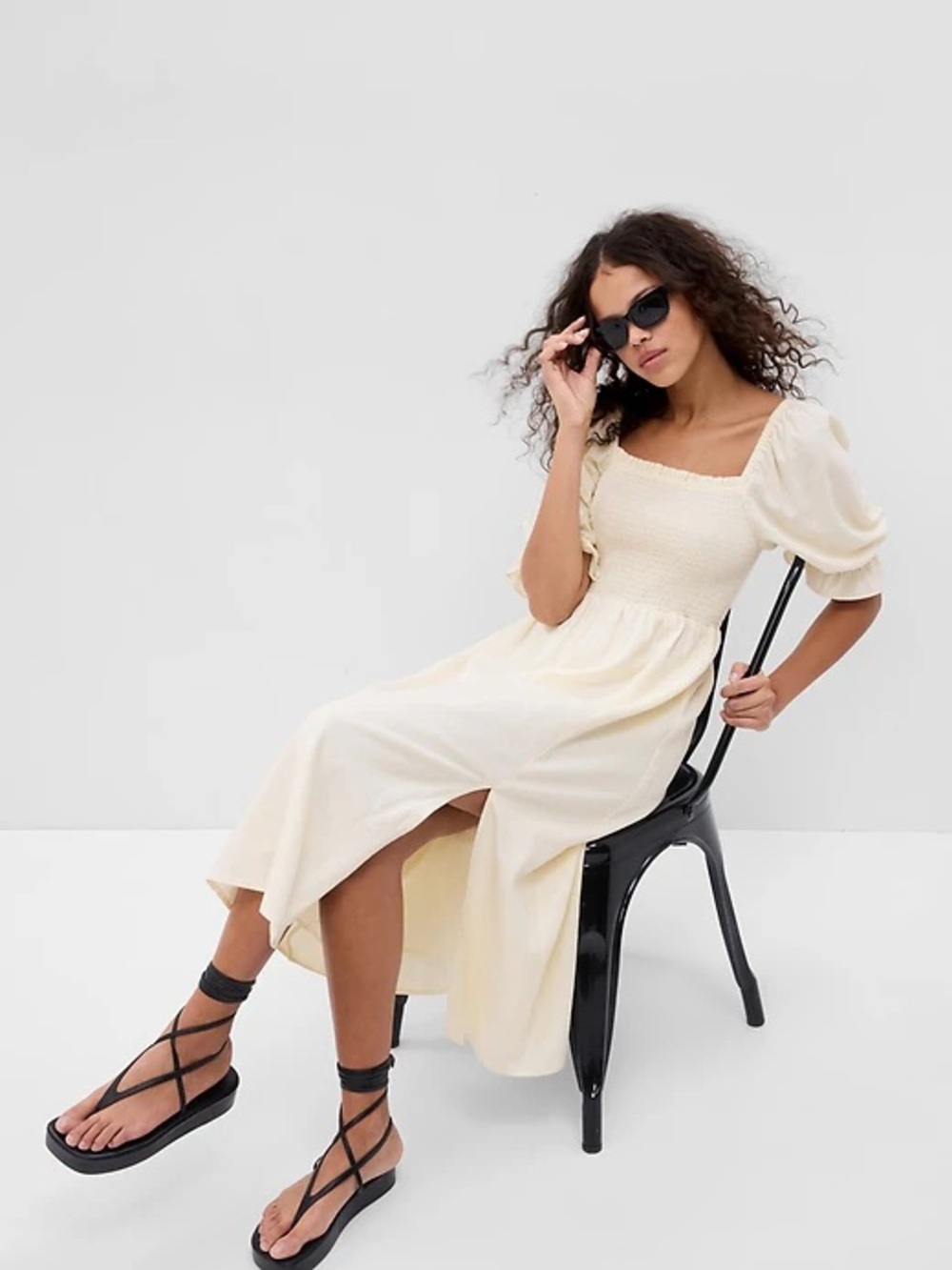 GAP Cream Smocked Puff-Sleeve Linen Midi Dress